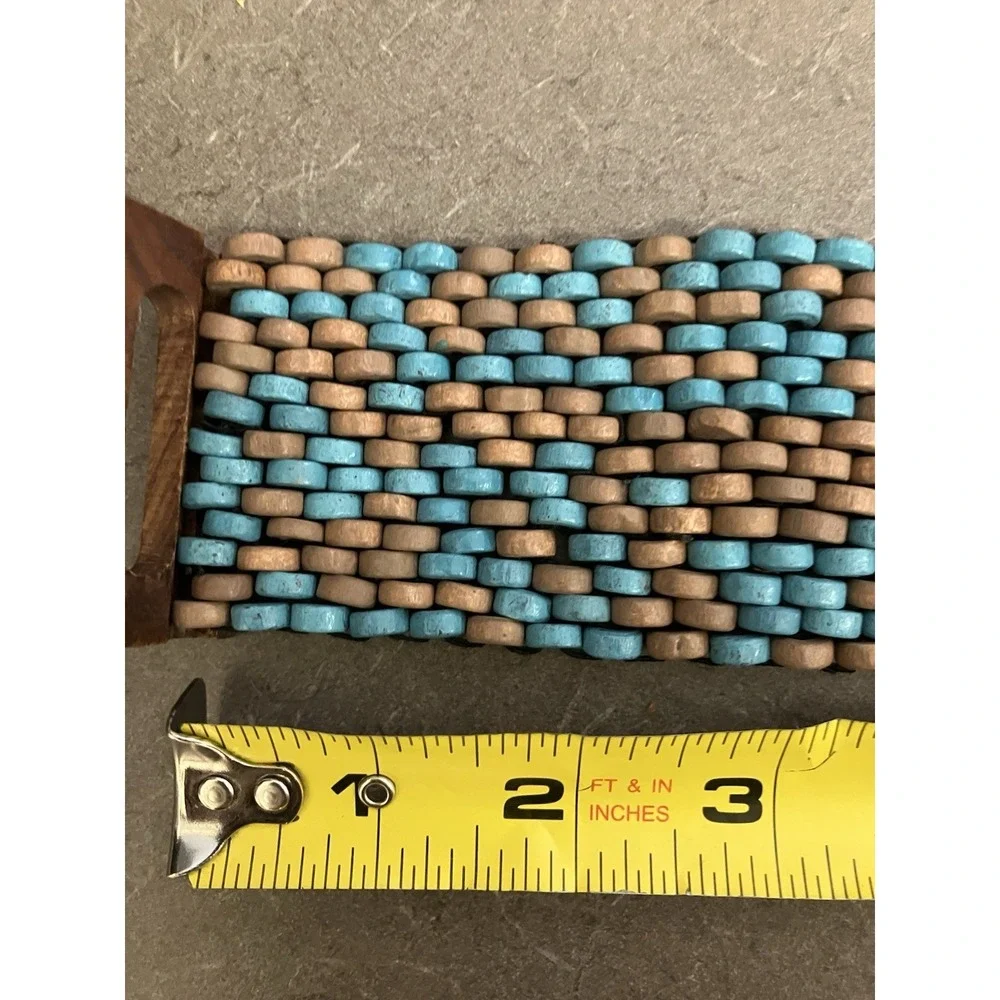 Wood Bead Belt Weatern Turquoise Tan Stretch Statement Wood Interlock Buckle 31